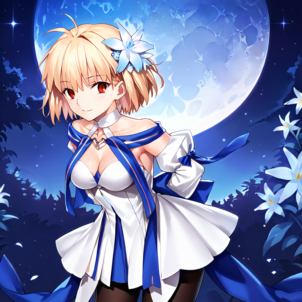 1girl, solo, arcueid, red eyes, slit pupils, blonde hair, pantyhose, breasts, gloves, short hair, detached sleeves, cleavage, flower, black pantyhose, black gloves, hair ornament, dress, white dress, bare shoulders, bangs, skirt, multicolored skirt, choker, ribbons, light blue hair flower, looking at viewer,  facing viewer,  (arms behind back:1.2), (blush:1.1), (leaning forward:1.2), night sky, full moon, smile, closed mouth, arched back, 
score_9, score_8_up, score_7_up, masterpiece,
<lora:Archetype_Earth:0.9>