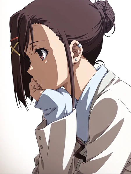 masterpiece,best quality,newest,
1girl,solo,
anime screencap,<lora:sakurai_kanade_ilxl_v1.0:1>,brown hair,single hair bun,x hair ornament,brown eyes,short hair,
k_clothes,uniform,white jacket,shirt,
<lora:Fixhands_anime_bdsqlsz_V1:1>,profile,cheek rest,white_background,simple_background,sleeves past wrists,expressionless,looking ahead,upper_body,