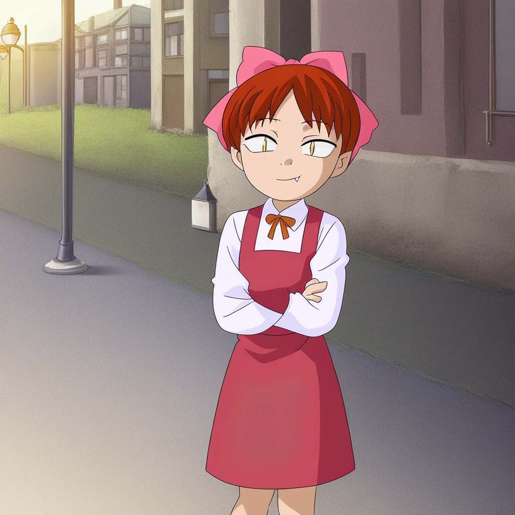 source_anime, 1girl, solo, neko2007, auburn hair, pink bowtie hair, fangs, yellow eyes, pink shoes, dark red pinafore dress, tsurime, white long-sleeve collared shirt, brown neck bowtie, half-closed eyes, looking at viewer, smile, closed mouth, front view, crossing arms, sunset, street lamps, outdoors