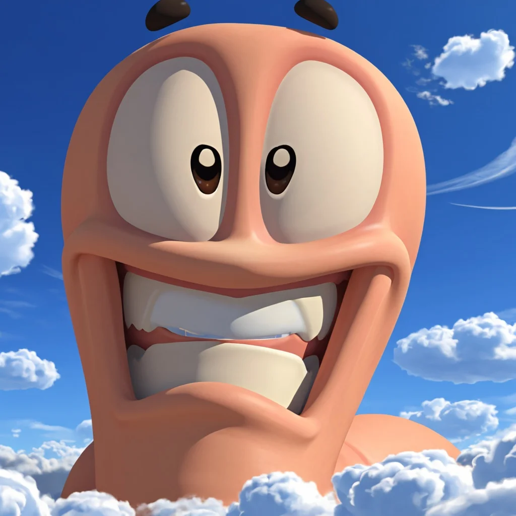 wormsteam17, wormrender, worm, animal focus, solo, floating black rounded eyebrows, brown eyes, detailed eyes, looking at viewer, (grin), simple teeth, straight-on, extreme closeup, BREAK, blue sky, clouds, masterpiece, best quality