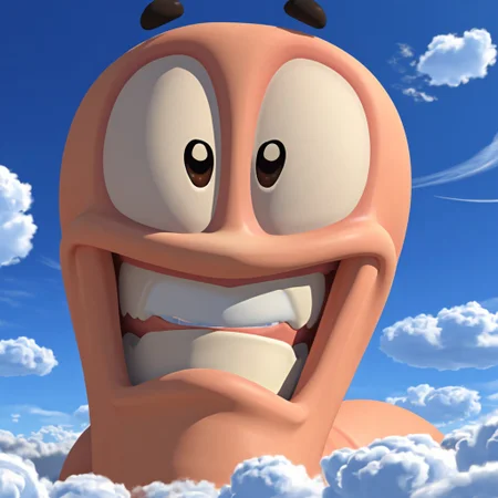 wormsteam17, wormrender, worm, animal focus, solo, floating black rounded eyebrows, brown eyes, detailed eyes, looking at viewer, (grin), simple teeth, straight-on, extreme closeup, BREAK, blue sky, clouds, masterpiece, best quality