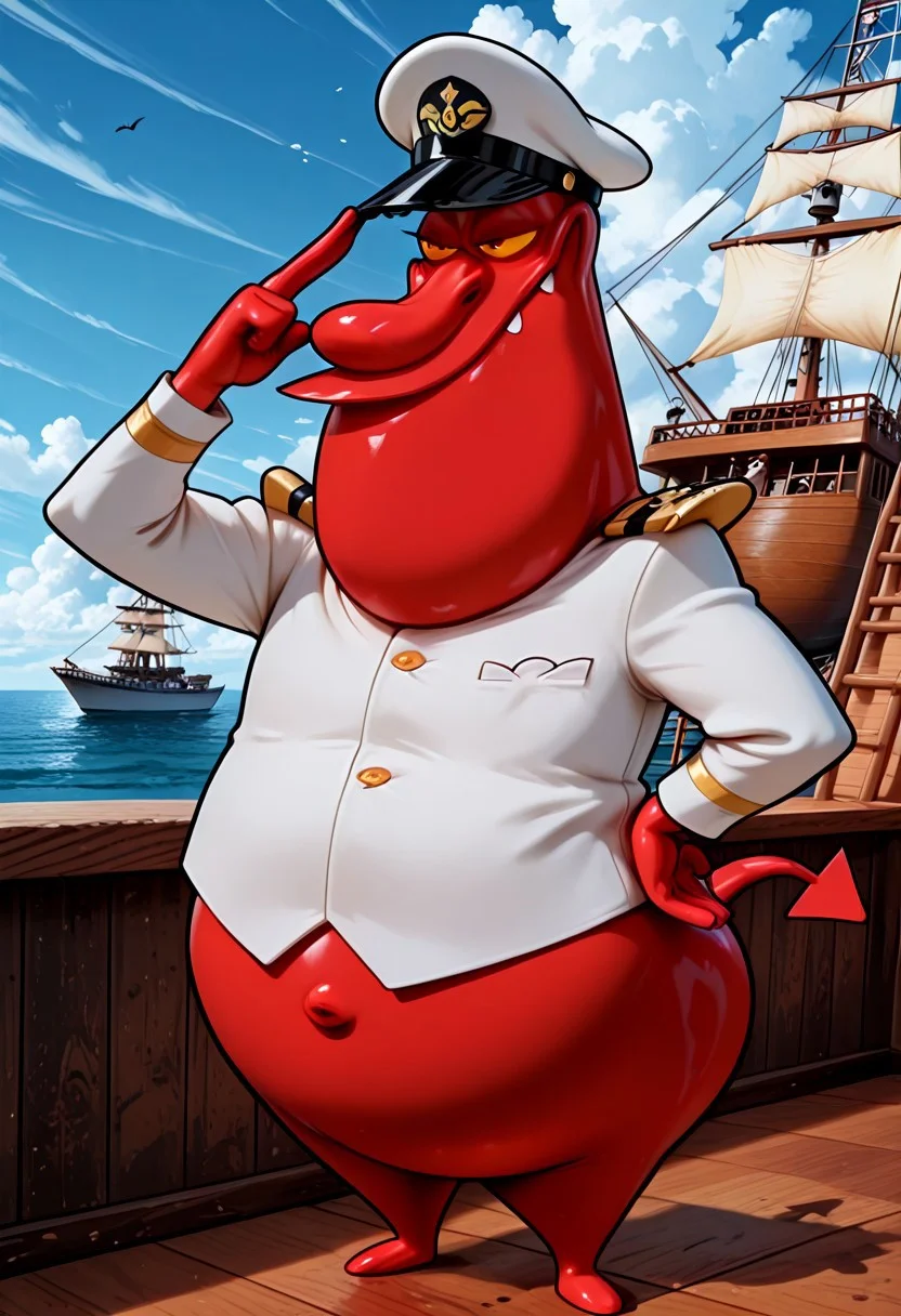 Masterpiece, best quality, highly detailed, absurdres, 1boy, solo, r3dguy, d3vil, devil, UltraM40k, (pokemon) creature, red skin, tail, chubby, Admiral outfit, white admiral hat, saluting, ship background
