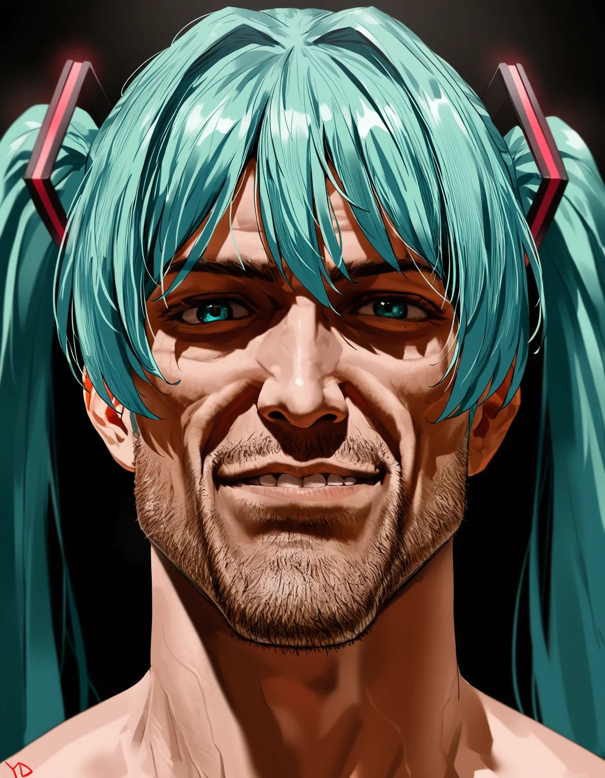 yd \(orange maru\), gigachad \(meme\), hatsune miku, portrait, the chad smile, beard stubble, (grin:0.5),masterpiece, best quality, absurdres, not furry,<lora:chadmix_vpred05_extract.safetensors:1.0>,