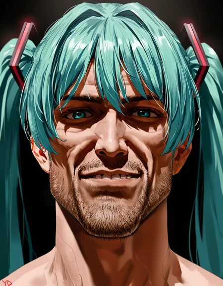 yd \(orange maru\), gigachad \(meme\), hatsune miku, portrait, the chad smile, beard stubble, (grin:0.5),masterpiece, best quality, absurdres, not furry,<lora:chadmix_vpred05_extract.safetensors:1.0>,