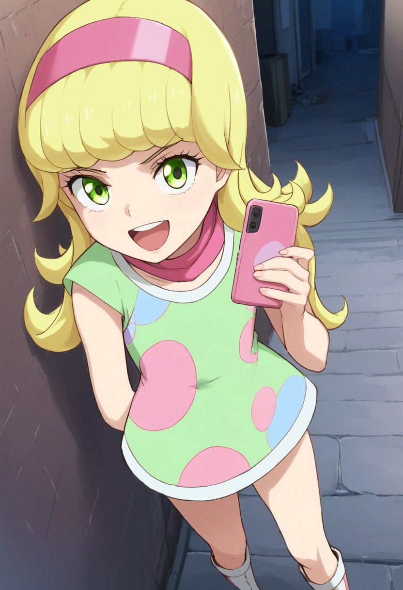 score_9, score_8, score_7_up, yuna goha, long hair, blonde hair, swirly bangs, green eyes, pink headband, happy face, pink headband, green dress, polka dot-patterned dress, pink scarf, white boots, outdoors, dark alley, leaning on a wall, holding a smartphone, looking at viewer,