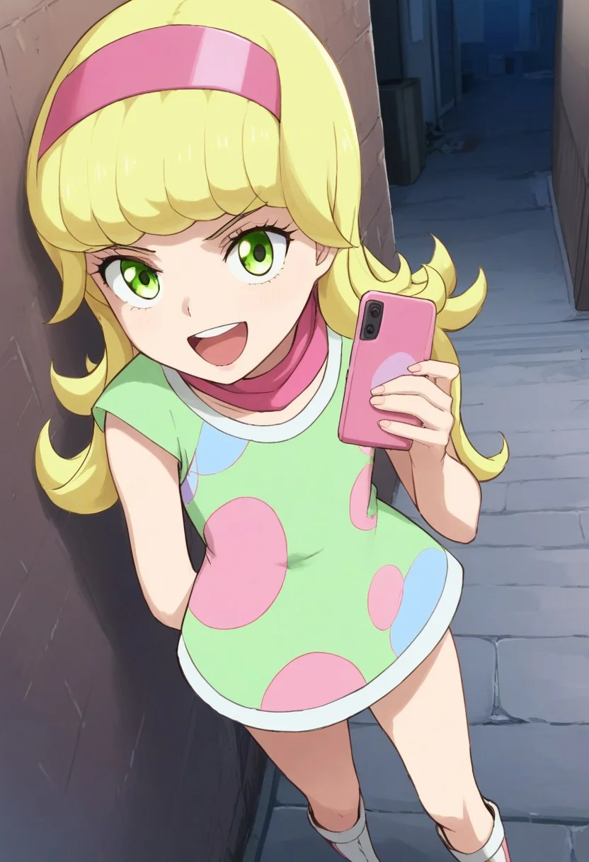 score_9, score_8, score_7_up, yuna goha, long hair, blonde hair, swirly bangs, green eyes, pink headband, happy face, pink headband, green dress, polka dot-patterned dress, pink scarf, white boots, outdoors, dark alley, leaning on a wall, holding a smartphone, looking at viewer,