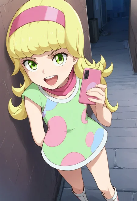 score_9, score_8, score_7_up, yuna goha, long hair, blonde hair, swirly bangs, green eyes, pink headband, happy face, pink headband, green dress, polka dot-patterned dress, pink scarf, white boots, outdoors, dark alley, leaning on a wall, holding a smartphone, looking at viewer,