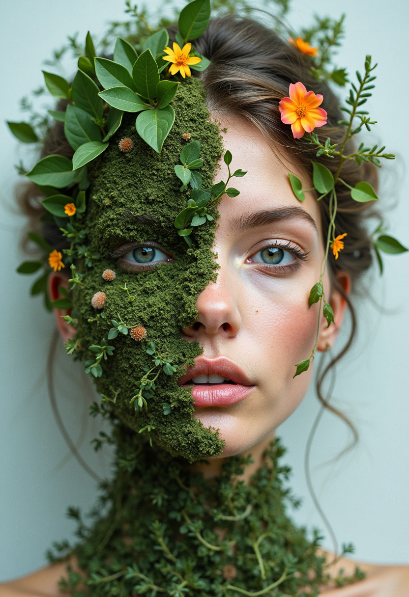 A portrait where one half of the subject’s face is made of natural elements like leaves, vines, and flowers, while the other half remains human. The piece explores the connection between humans and nature, blending the organic with the human form.