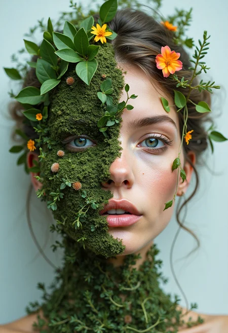 A portrait where one half of the subject’s face is made of natural elements like leaves, vines, and flowers, while the other half remains human. The piece explores the connection between humans and nature, blending the organic with the human form.