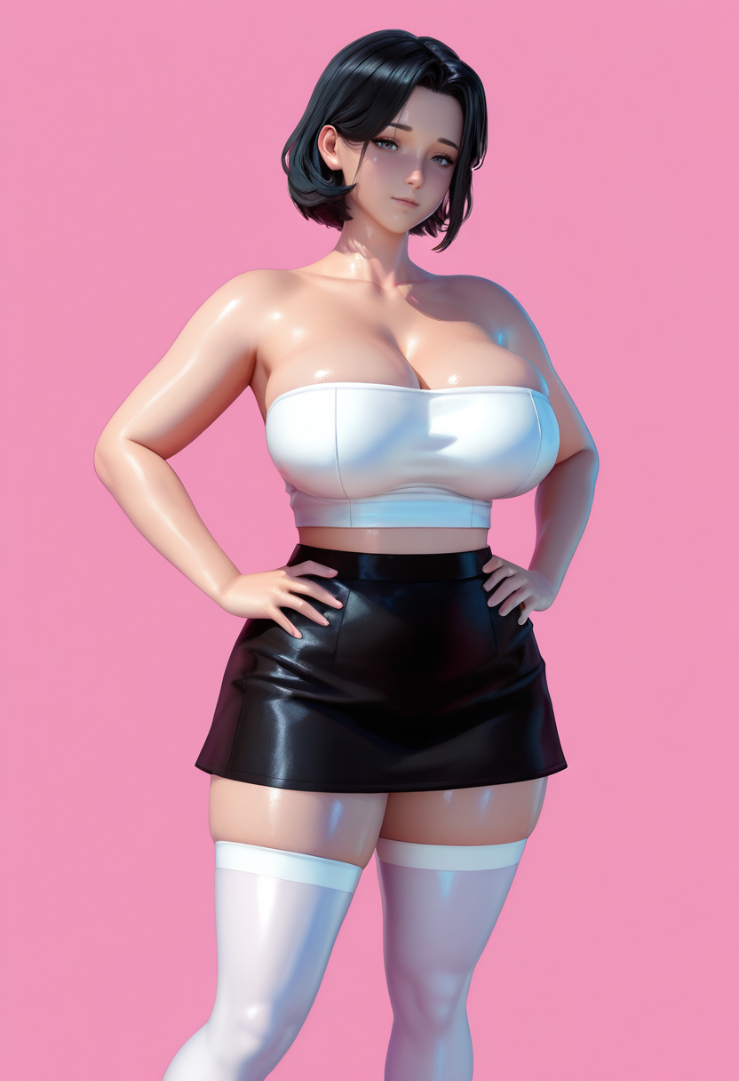 masterpiece, best quality, amazing quality, very aesthetic, absurdres, newest,
<lora:Artnip:1> S4s4k1Nsfw, 3d, shiny skin, 
 mature female, 1girl, solo,standing,hands on own hips, looking at viewer, black hair, short hair, white crop top, strapless, thighhighs, zettai ryouiki, collarbone, cleavage, black miniskirt, pink background, simple background, portrait,