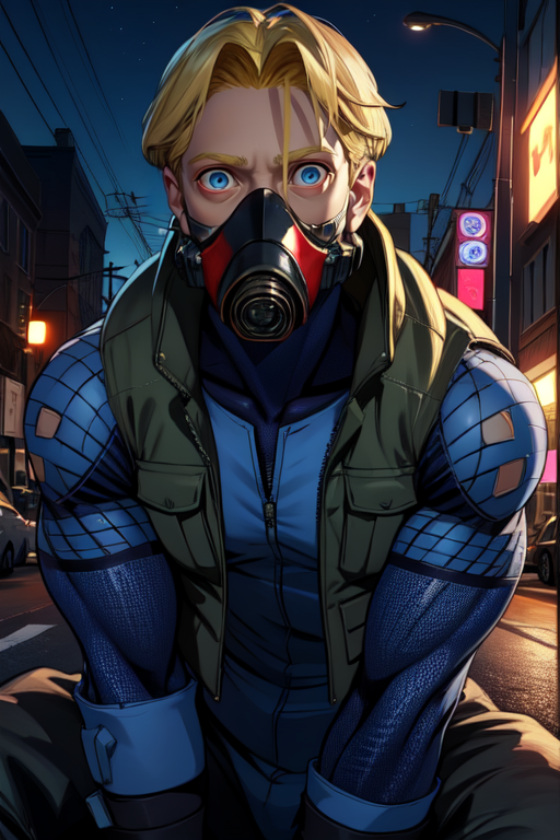 DoctrineDark,blonde hair,blue eyes,muscular,short hair, 
DDArmor, armor,gas mask,fingerless gloves,bodysuit,vest,fishnets,
night,  standing, upper body,  solo, 1guy,  sitting,  street, 
 (insanely detailed, beautiful detailed face, masterpiece, best quality) 
 <lora:DoctrineDark:0.8>