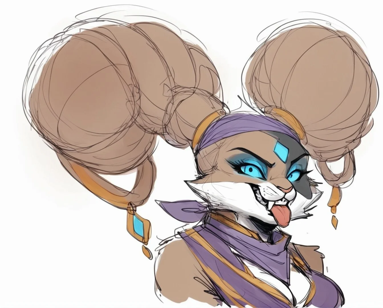 score_9, score_8_up, score_7_up, score_6_up, score_5_up, score_4_up,source_furry,
two-tone fur,
bandana,
purple bandana,
gold trim,
cleavage,
face focus,
blue eyes,
make up,
looking at viewer,
ears,
long ears,
very longs ears,
jewel,
blue jewel,
forehead jewel,
mature,
face zoom,
face,
sketch,
bun,
hair bun,
twintails,
evil,
evil grim,
grinning,
simple background,
white background,
<lora:Typhoon_KAZE_ATWM_Pony_SDXL:1> typhoon_kaze,
<lora:Pony_DetailV2.0:1>, dumb,
confused,
teeth,
tongue out,
