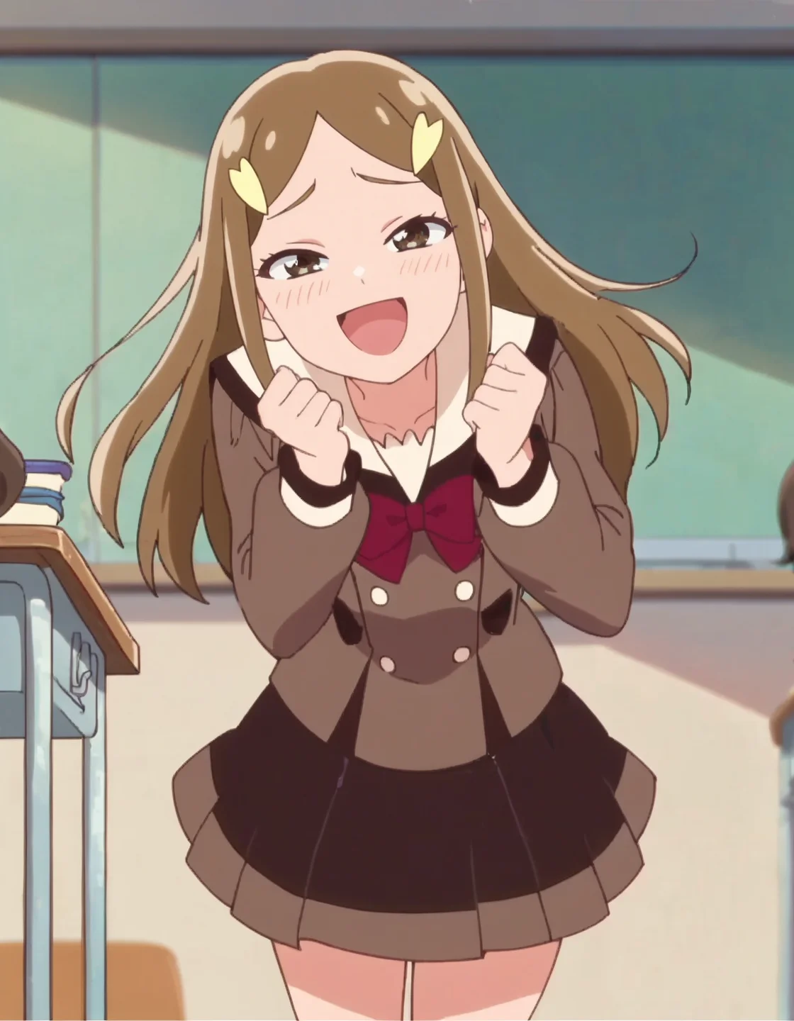 score_9, score_8_up, score_7_up, anime screencap, solo,1girl,kitzunezaki,school uniform, hair ornament, open mouth, hairclip, smile, looking at viewer, skirt, long sleeves, :d, blush, indoors <lora:kitsunezaki:0.8>