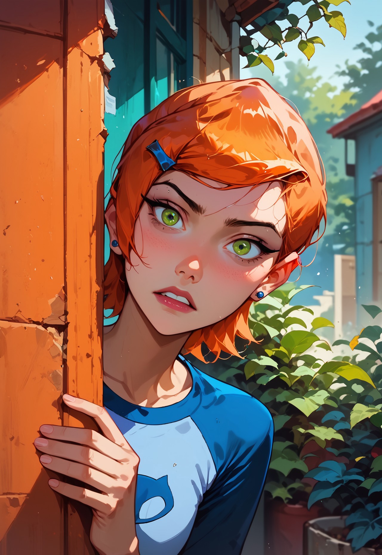 score_9, score_8_up, score_7_up, score_6_up, score_5_up, score_4_up, 1girl, slim, fit, realistic, beautiful eyes, gwen tennyson (/Ben10)/,(ultra HD quality details), bright orange hair, short hair, (green eyes), mouth opened, hiding, focusing on colorful beetle, 

masterpiece, best quality, highres, peeking out, upper body, hiding behind wall