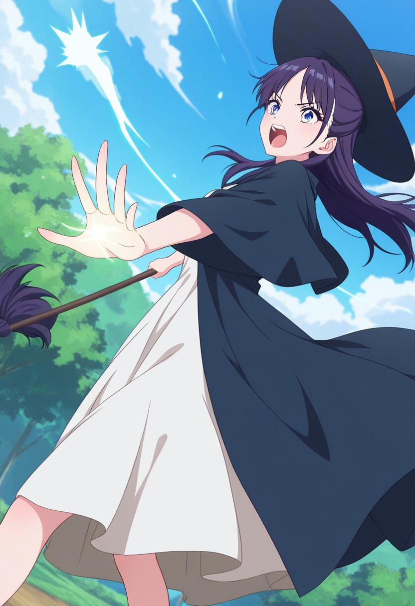 (absurdres, best quality, masterpiece:1.4), amazing quality, highres, newest, detailed, detailed body, detailed face, source anime, anime coloring, beautiful, floating, blue sky, petite, unique perspective, dutch angle,
BREAK
WWNemu, 1girl, solo, shouting, NemuAniHu, dark purple hair, parted bangs, half updo,, blue eyes, witch hat, robe, white inner dress, flying broomstick, casting spell,