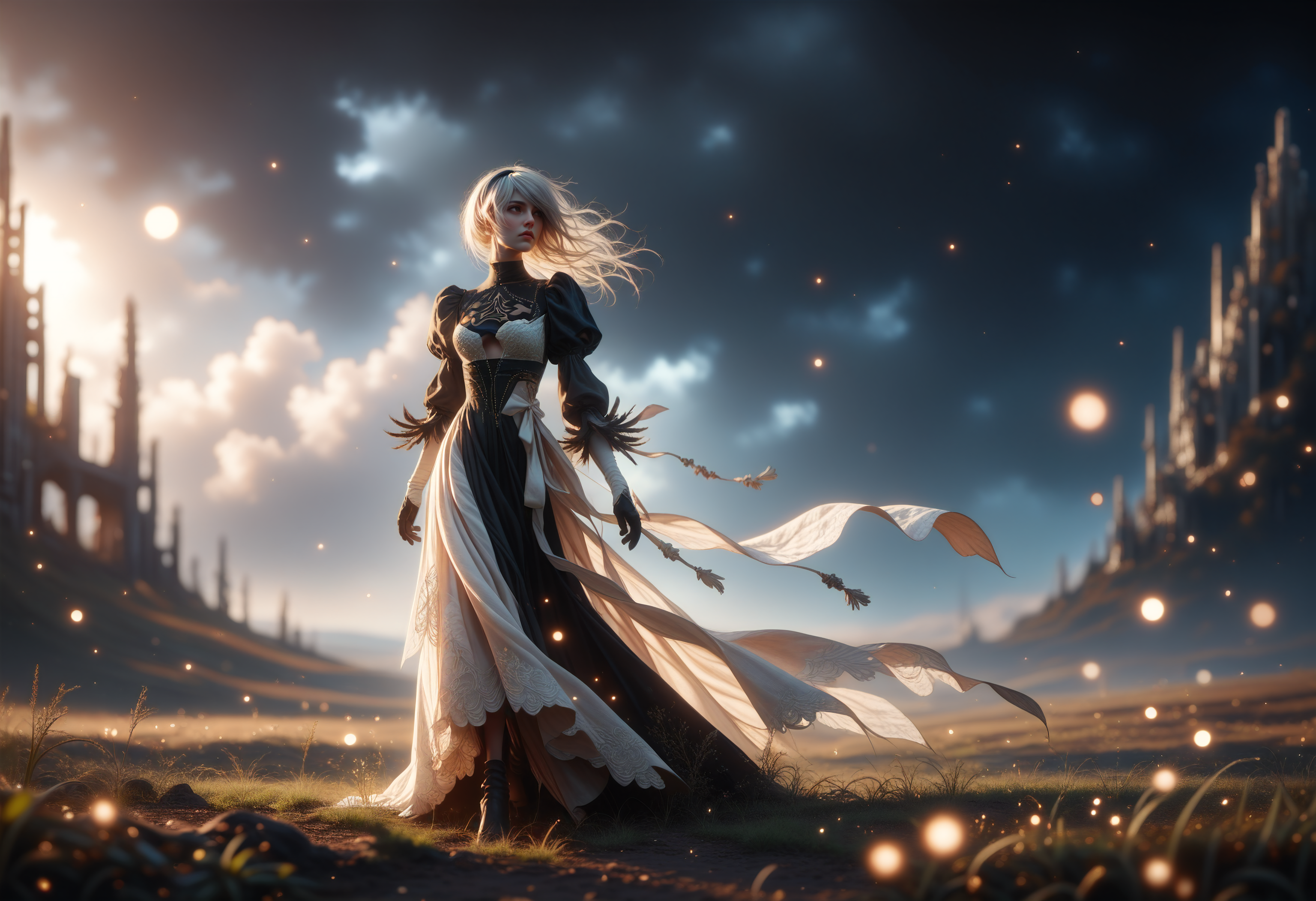 score_9, score_8_up, score_7_up, 2b_(\nier:automata\), nier_\(series\), white_hair, covered_eyes, looking away, walking, plains, outdoors, cinematic shot, d4113.safetensors, <lora:test\d4113.safetensors:1.0>