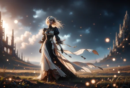 score_9, score_8_up, score_7_up, 2b_(\nier:automata\), nier_\(series\), white_hair, covered_eyes, looking away, walking, plains, outdoors, cinematic shot, d4113.safetensors, <lora:test\d4113.safetensors:1.0>