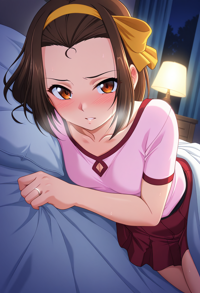 masterpiece, best quality, amazing quality, 1girl, solo, misaoww, brown eyes, brown hair, short hair, forehead, yellow ribbon, yellow hairband, small breasts, wedding ring, casual, collarbone, pink shirt, red skirt, <lora:Matsumori_Misao_Tonarizuma2_ill:0.9>, lying, on bed, on side, sweat, heavy breathing, steaming body, looking at viewer, blush, embarrassed, parted lips, indoors, night, curtains, bedroom, bed sheet, lamp, blanket, skindentation, detailed clothing folds, depth of field, sharp, high contrast, dynamic light