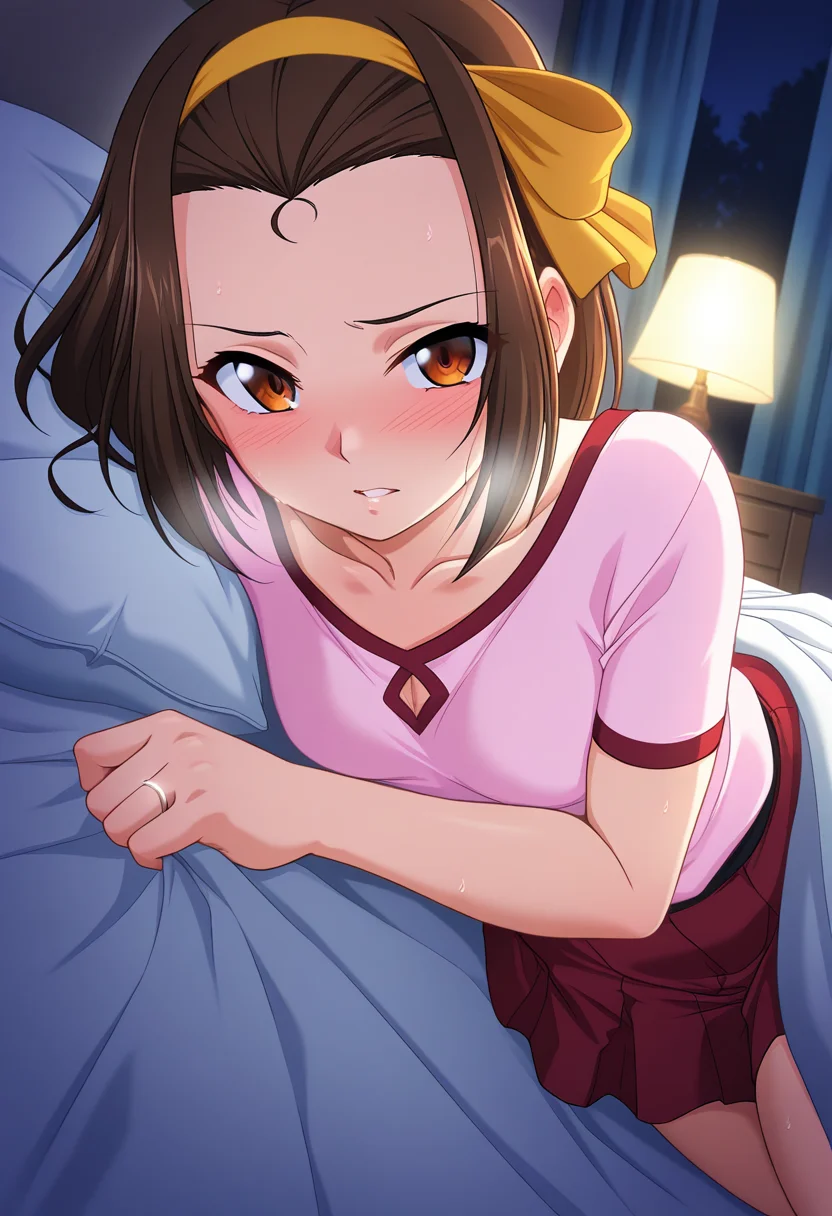 masterpiece, best quality, amazing quality, 1girl, solo, misaoww, brown eyes, brown hair, short hair, forehead, yellow ribbon, yellow hairband, small breasts, wedding ring, casual, collarbone, pink shirt, red skirt, <lora:Matsumori_Misao_Tonarizuma2_ill:0.9>, lying, on bed, on side, sweat, heavy breathing, steaming body, looking at viewer, blush, embarrassed, parted lips, indoors, night, curtains, bedroom, bed sheet, lamp, blanket, skindentation, detailed clothing folds, depth of field, sharp, high contrast, dynamic light