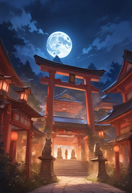 (best quality, highres:1.1)PEAnimeBG ,masterpiece, best quality, high quality, highres,  high detailed, masterpiece, high detailed, masterpiece, hyper maximalist, Legendary Landscape, Capture the serene beauty of a traditional Japanese temple illuminated by the soft glow of a full moon. Highlight the majestic torii gate leading to the temple, surrounded by intricately carved fox statues. Emphasize the mystical atmosphere, (tranquil:1.2) ambiance, and (timeless:1.1) charm