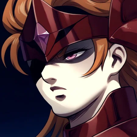 score_9, score_8_up, score_7_up, masterpiece, cromartie, shaded face, (((plump face))), ((grimacing)), benetmime,long wavy orange hair, red circlet, pink eyes, red armor, red pauldrons, white sleeves,