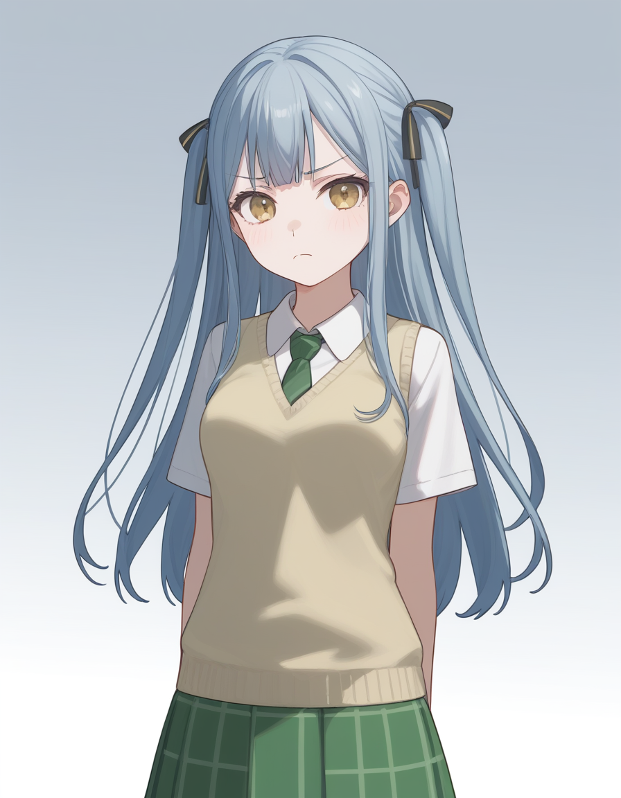 togawa sakiko, 1girl, solo, looking at viewer, gradient background, <lora:togawa_sakiko_ponyXL_V1.1:1>, medium breasts, frown, arms at sides, cowboy shot, long hair, two side up, yellow sweater vest, shirt, green striped necktie, white shirt, green skirt, plaid skirt, pleated skirt, short sleeves, school uniform,, score_9, score_8_up, score_7_up