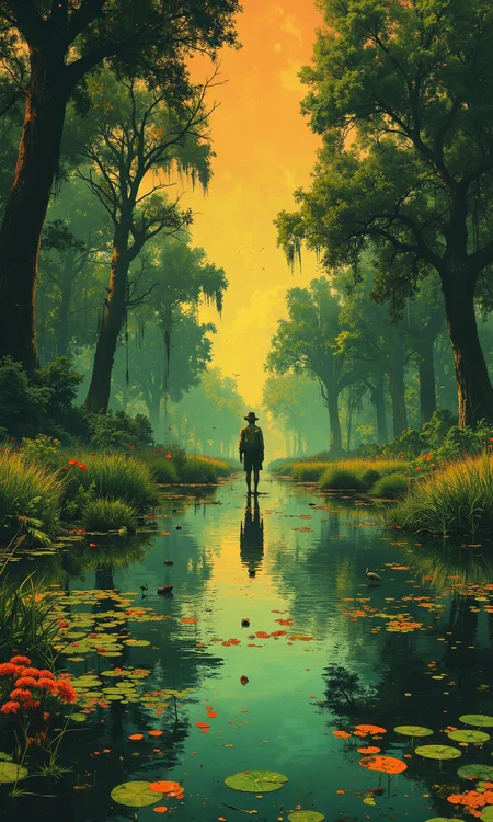 Pristine delta landscape, intricate network of crystal-clear waterways meandering through lush, verdant wetlands. Vibrant emerald vegetation, untouched by human influence. Diverse ecosystem teeming with native wildlife, colorful waterfowl and exotic fish. Towering cypress trees draped in Spanish moss, creating a mystical canopy. Golden sunlight filtering through misty air, casting warm reflections on calm waters. Rich biodiversity, floating water lilies, and carpets of vibrant wildflowers. Distant silhouettes of graceful herons and egrets. Perfectly balanced composition, hyper-realistic details, 8K resolution. Serene atmosphere, untouched natural beauty, masterpiece quality. <lora:CPA:0.4> <lora:Luminous_Shadowscape-000016:0.6> <lora:flux_dev:1>