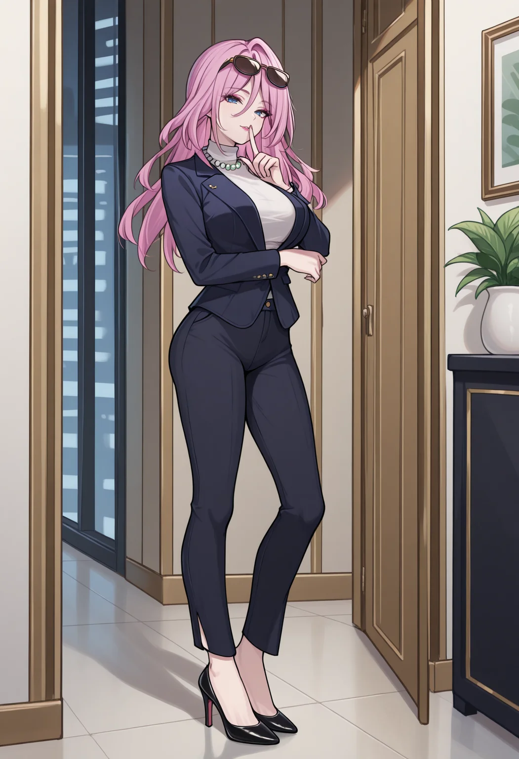 masterpiece, best quality, 1girl solo, ChaJdHSR, blue eyes, pink hair, long hair, sunglasses on head, fitted blazer, dark blue blazer, white turtleneck, slim-fit pants, high heels, pearl necklace, makeup, business look, professional attire, looking at viewer, shushing, finger to mouth, indoors, office, full body, standing, looking at viewer, <lora:ChamJadeHSRIllustriousXL:1>