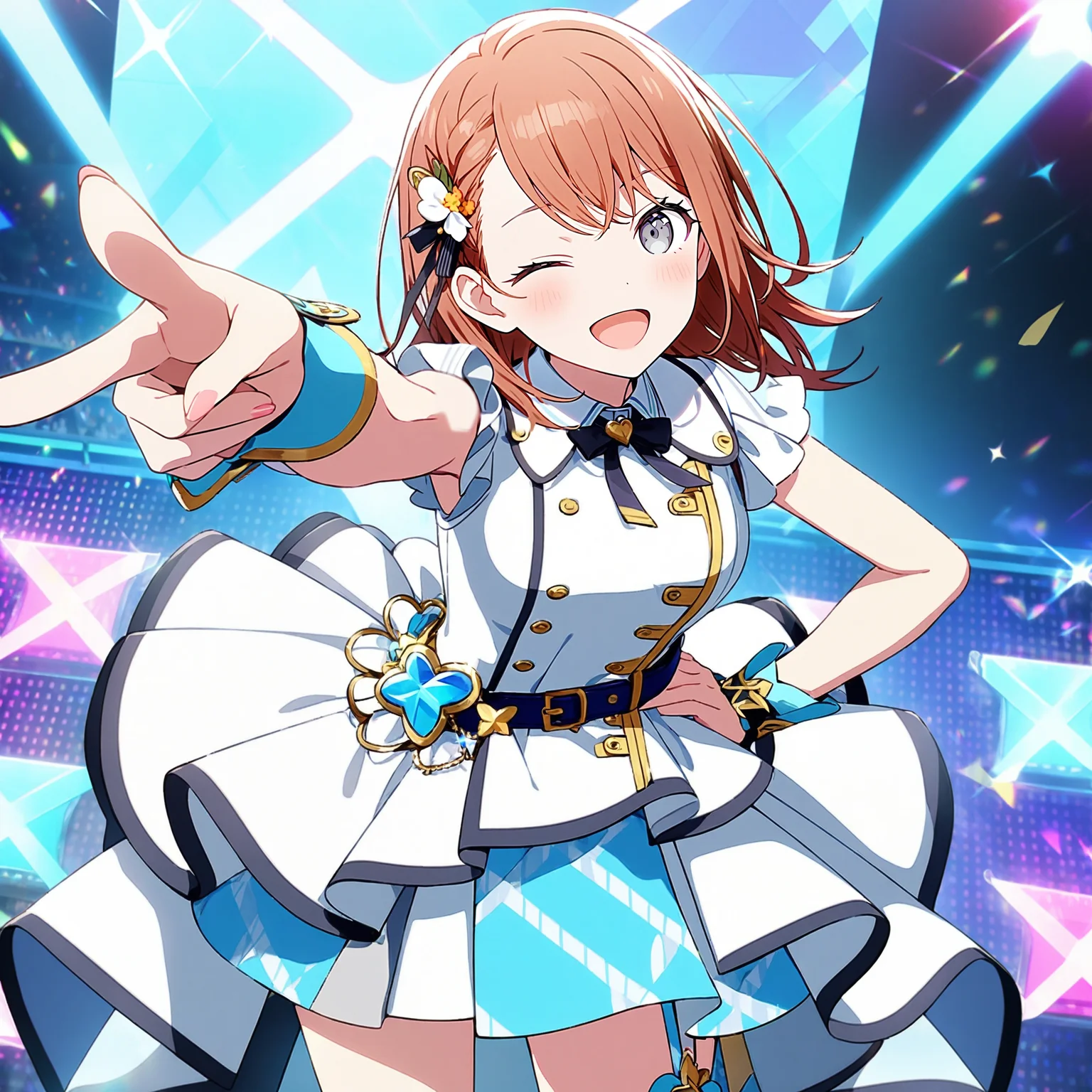 1girl, hanasato minori, project sekai, masterpiece, very aesthetic, absurdres, official art,
brandnew minori, brown hair, grey eyes, braid,
(looking at viewer:1.4), leaning forward, pointing at viewer, one eye closed, hand on hip, BREAK
idol costume, asymmetrical dress, belt, wrist cuffs, ribbon, skirt, neck ribbon, short sleeves, black ribbon, bow, hair ornament, silver trim, blue belt, white bow, black belt, double-breasted, hair ribbon, dress, collared dress, wing collar, pleated skirt,
<lora:sdxl-mmj-BNMinori03:1:lbw=0,0,0.2,0.2,0,0.4,0.4,0,0.8,0.8,0,0,0,0.8,0.8,0.6,0.8,0.0,0.0,0.0,0,0,0,0,0,0>