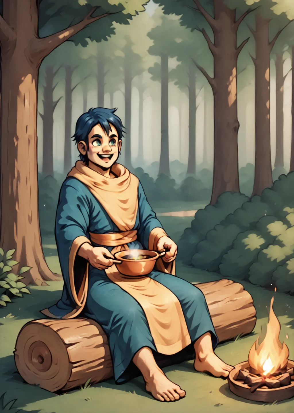Lowe, sitting on a log, forest, solo, relaxing, pot, robe, stirring a pot, campfire, pot, cooking, happy, <lora:Lowe-000012:0.8>