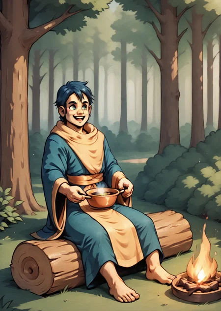 Lowe, sitting on a log, forest, solo, relaxing, pot, robe, stirring a pot, campfire, pot, cooking, happy, <lora:Lowe-000012:0.8>