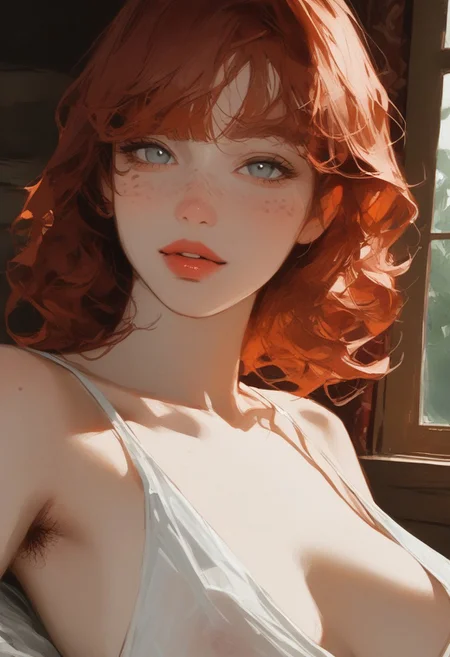 score_8_up, score_7_up, score_6_up, watercolor painting, close up, mature female, cute, girl next door, auburn hair, short hair, (wavy hair), messy hair, hime bangs, hair covering one eye, big grey eyes, (round eyes), (freckles, body freckles), (plump:0.5), round face, small breasts, sagging breasts, breasts apart, nipple outline, natural curvy figure, white dress, armpit hair, round lips, (parted lips), seductive smile, cocky, confident, front teeth, looking at viewer, filtered light through window, curtain, soft light, timber cabin, lying in bed, on back, low contrast, detailed background, candid pose, dynamic pose, detailed skin, realistic skin, Expressiveh, (side view), dynamic side view,