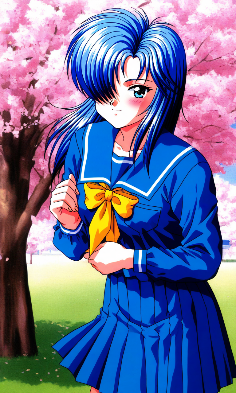 general,highres, ultra-detailed,very aesthetic,best quality ,best hands, BREAK  <lora:Himoo_Yuina_Tokimeki_Memorial_IS:1>
Himoo_Yuina(Tokimeki_Memorial), 1girl, solo, blue hair, hair over one eye, blue eyes, long hair, breasts, blush, smile,
school uniform, blue serafuku, 1990s (style), skirt, smile,  long sleeves, Yellow bow,
tree, flower, blue skirt, looking at viewer, pleated skirt, sailor collar,