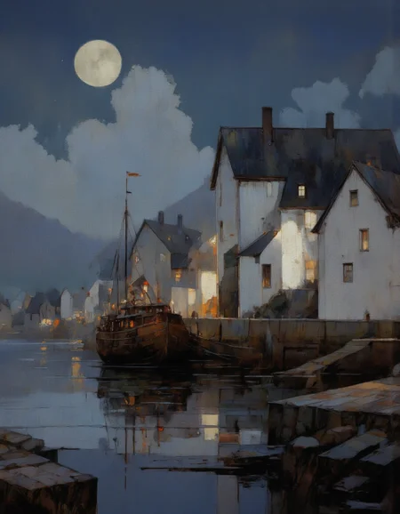 AquarelleIV. A painting of a serene night scene featuring a full moon over a calm harbor with a wooden ship docked in the foreground. the painting is done in a realistic style with muted colors and textures, creating a peaceful atmosphere. on the right side of the image, a row of white buildings with black roofs and windows lit up at night, with a stone walkway leading to them. the buildings are silhouetted against the moonlight, casting a soft glow on the water's surface. in the background, a distant mountain range is visible, adding to the serene ambiance of the scene. the sky is a deep blue with a few wispy clouds, and the moon is partially visible above the buildings, casting an ethereal glow. the water is calm and still, reflecting the lights of the buildings and the ship. the overall mood is peaceful and tranquil, evoking a sense of tranquility and tranquility.