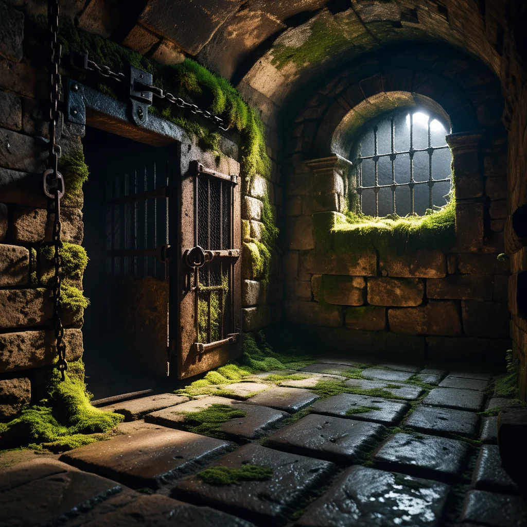 A dark and grim medieval castle dungeon, designed for imprisoning captives. The walls are made of aged, damp stone bricks, cracked and worn with time, with patches of moss and moisture seeping through. The small, claustrophobic space is lit by a single flickering torch mounted on the wall, casting long, eerie shadows across the room. Rusted iron bars form a heavy prison door with a corroded lock and hinges, partially ajar or firmly shut. The floor is rough, uneven stone, covered in dirt and faint stains, hinting at years of suffering. Chains hang loosely from rusted hooks embedded in the walls, their metal corroded and worn. In one corner, a small, grated window lets in a thin sliver of cold, pale light, emphasizing the dungeon's oppressive and hopeless atmosphere. The air feels damp, stale, and heavy with silence, evoking a chilling sense of isolation and despair.
<lora:SDXLFaeTastic2400:0.4> <lora:extremely_detailed:0.4> extremely detailed, Masterpiece,best quality,hi res,8k,hi res,8k,award winning,(sharp focus, intricate, highly detailed),