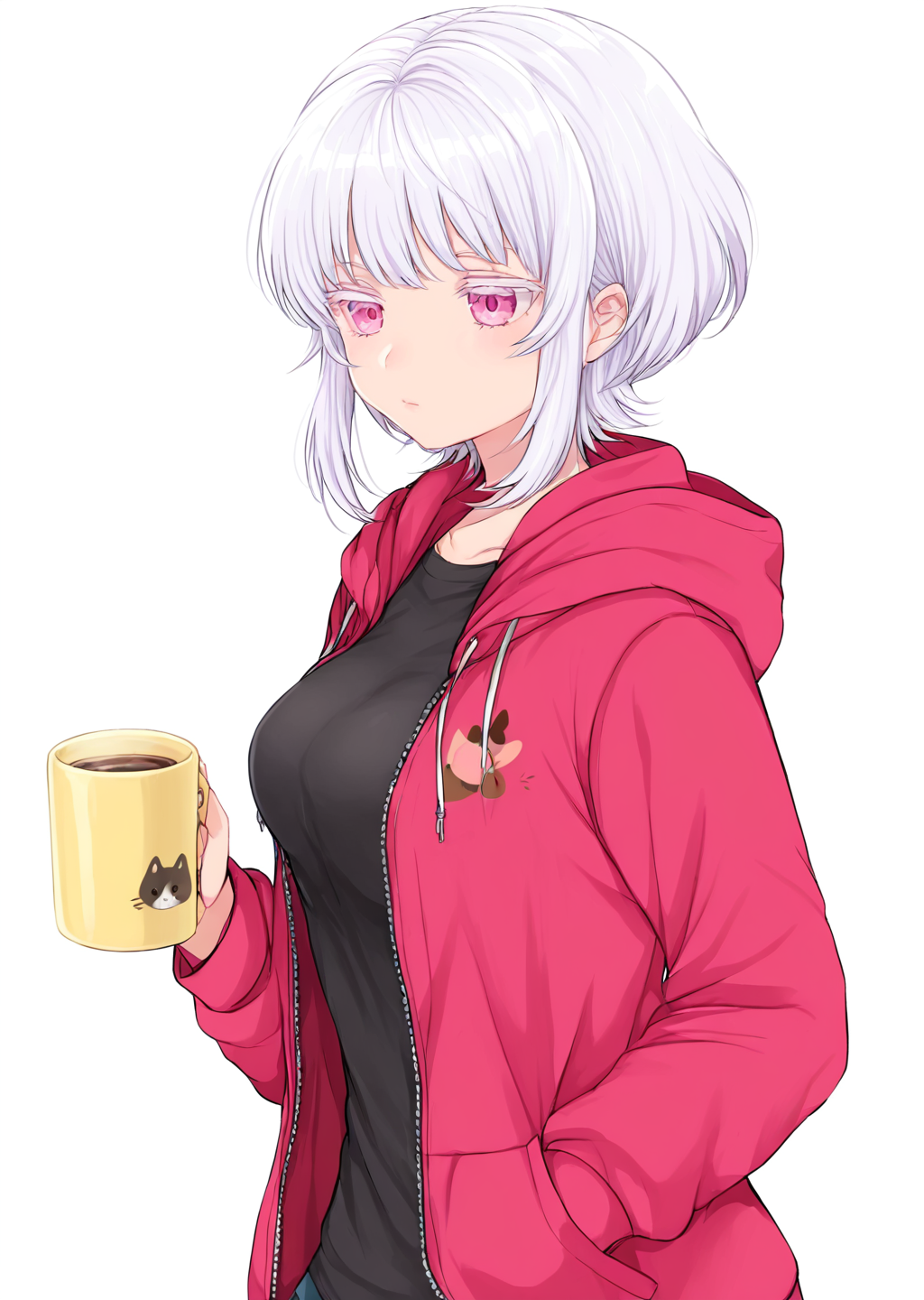 <lora:ShimizuAkina250126:1>,ShimizuAkina,1girl,solo,cup,hood,pink eyes,holding,white background,black shirt,hoodie,hand in pocket,shirt,holding cup,white hair,hood down,simple background,open clothes,animal print,sidelocks,mug,closed mouth,short hair,open hoodie,colored eyelashes,breasts,<lora:NOOB_vp1_detailer_by_volnovik_v1:1>,<lora:noobai_ep11_stabilizer_v0.138_fp16:1>,