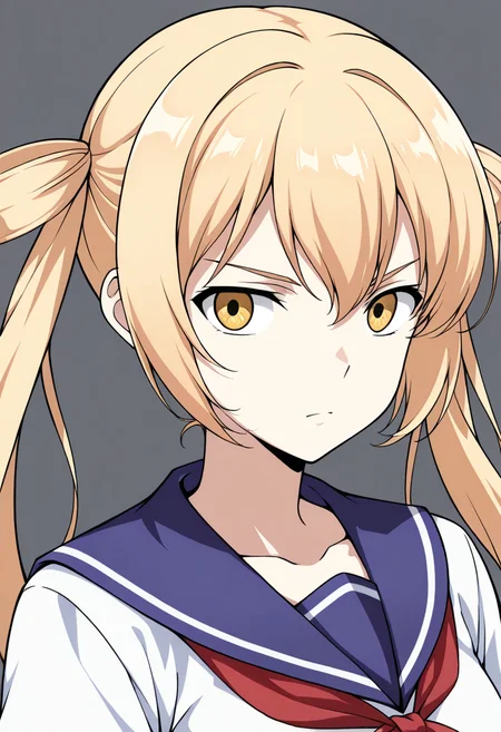 innovatoradeeyes, yellow eyes, black pupils, grey background, 1girl, solo,fgmeiilus, blonde hair, long hair, twintails, hair rings, portrait, shirt, short sleeves, sailor collar, red neckerchief, serafuku, serious, looking at viewer,