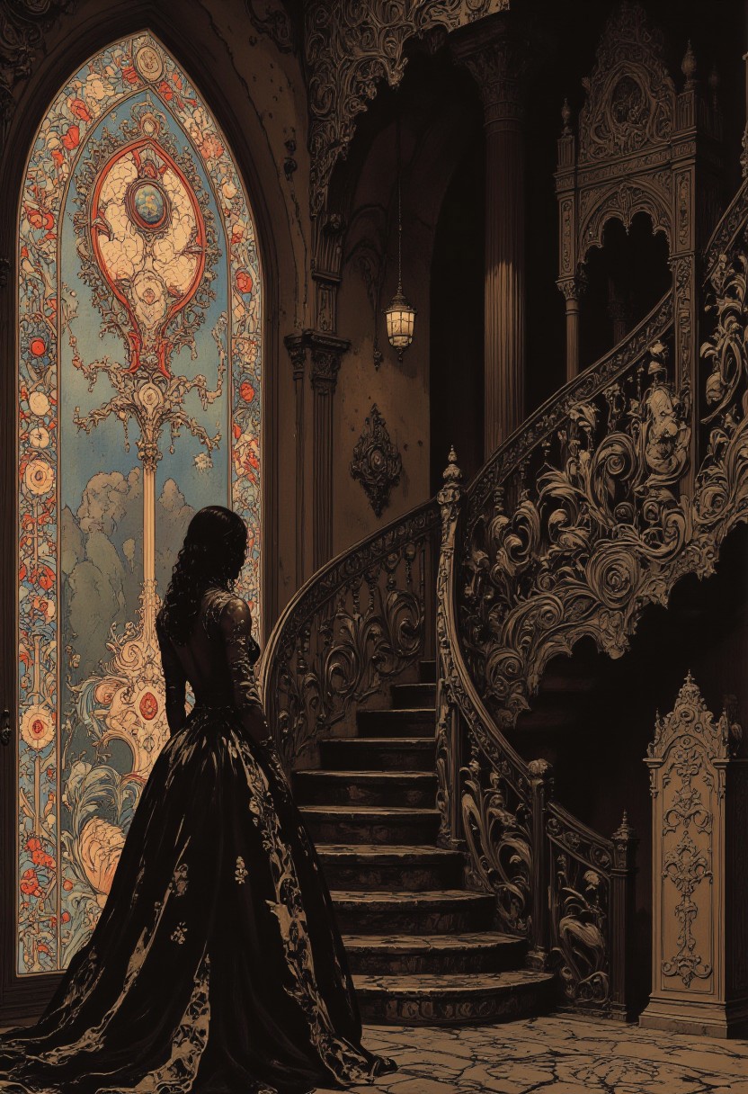 A digital drawing in a Gothic Art Nouveau style captures a striking woman in a flowing black dress adorned with intricate floral patterns and swirling designs, embodying elegance and mystery. The dress features a fitted bodice that transitions into a voluminous skirt with ruffled edges, conveying a sense of movement. Her long, curly dark hair cascades gracefully down her back as she stands poised, her right hand resting on the black, ornate railing of a spiral staircase. The staircase, crafted from intricately designed wrought iron, curves upward into an unseen realm, adding depth and allure to the scene. Dominating the background is a grand arched window with a stained glass design that bathes the scene in a warm, ethereal glow. The window's ornate frame, echoing the swirling patterns of her dress and the staircase, enhances the cohesive Art Nouveau aesthetic. A palette of blacks, whites, and rich browns is punctuated by vibrant reds, oranges, and yellows within the floral motifs, offering striking visual contrasts. The composition exudes a romantic, dark atmosphere, blending Gothic mystique with the graceful elegance of Art Nouveau.