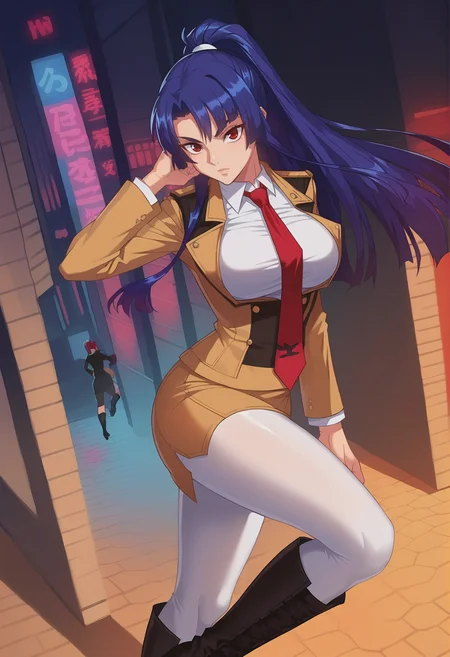 ,yatsu_murasaki,score_7_up,score_8_up,scrore_9,city,1girl,solo,ymtfm,boots,necktie,uniform,knee boots,white pantyhose,military uniform,black footwear,red necktie,pencil skirt,white shirt,high ponytail,dynamic angle,<lora:murasaki_pony_V1-000020:0.8>