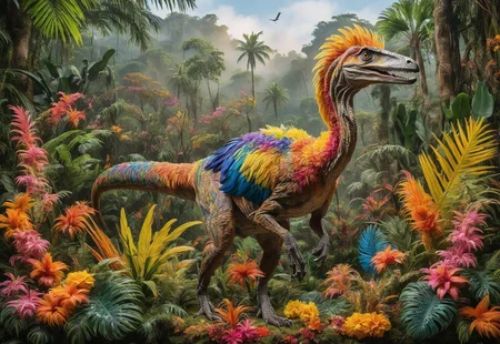 a feathered velociraptor in a jungle, realistic, highly detailed, colorful, body covered in long colorful feathers, long clawed arms, detailed colorful flowering jungle in the background