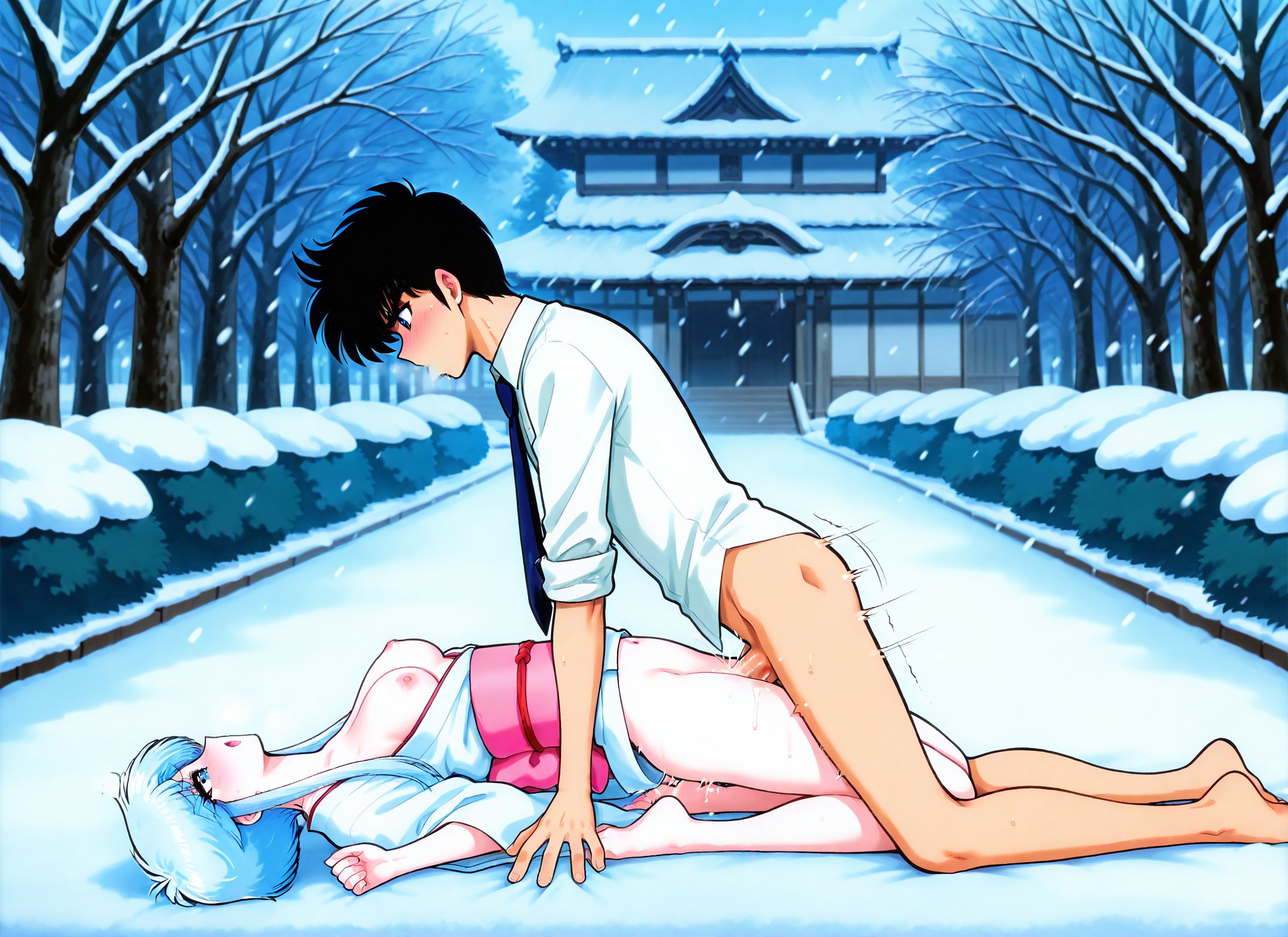 <lora:add-detail-xl:0.5>,masterpiece,best quality,anime coloring,anime screenshot,
<lora:Straight-Arm_Missionary:0.7> Straight-Arm_Missionary,
Straight-Arm Missionary, from side, knee bent,cum, 
missionary position, full body contact, moaning, 
hands on ground, arms straight, deep penetration, intimate pose,
motion lines, motion lines, penis, 5 fingers. uncensored, 
arched back, kneeling with bent knees,
BREAK   
<lora:ST_Okano_Takeshi_0R:0.7>, okanotakeshi yukime \(jigoku sensei nube\), light blue eyes, light blue hair, short hair, long sidelocks, medium breasts, petite, slim, skinny, thin thighs, thin legs, narrow hips, pale skin white kimono, pink obi , white kimono, yukime \(jigoku sensei nube\), 
outdoors, japan, tokyo, city, street, tree, bush, snowing, snow, snowflakes,
jigoku sensei nube,  male focus, black hair,  nueno meisuke, 
white shirt, necktie,  
 official art, 
okan
BREAK
20YO,milf,adult,