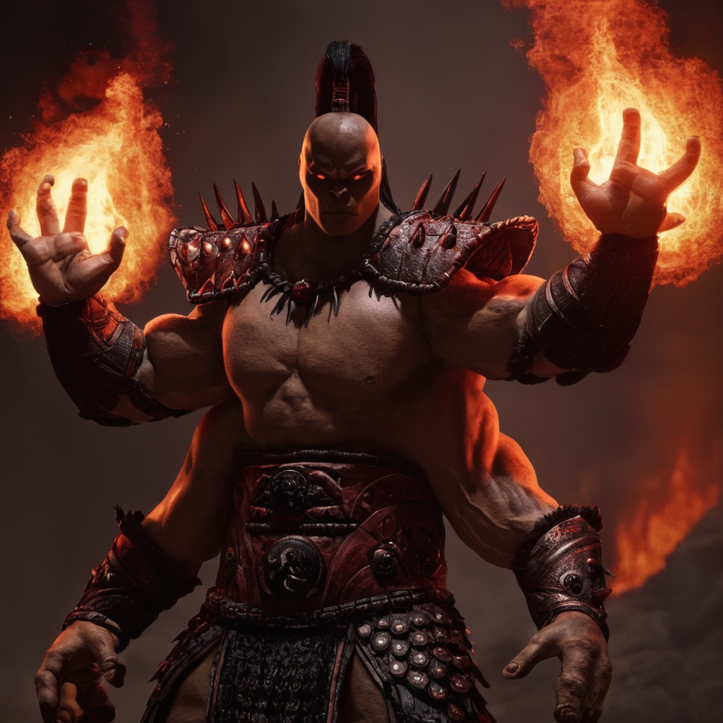 cinematic film still of  <lora:Shokan Style:1>
The Shokan four-armed humanoids, Kuatan, Goro,four arms,4 arms,four_arms,Prince of the Shokan race,large,powerful build,2000-year-old Grand Champion,a man with a sword in a fire,solo,black hair,red eyes,1boy,ponytail,male focus,boots,dark skin,armor,muscular,glowing,dark-skinned male,fire,glowing eyes,mountain,manly , Mortal Kombat style, Shokan style, four-armed humanoids style, shallow depth of field, vignette, highly detailed, high budget, bokeh, cinemascope, moody, epic, gorgeous, film grain, grainy