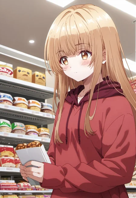 score_9, score_8_up, score_7_up, source_anime, mahiru shiina, blonde hair, long hair, caramel eyes, 1girl, solo, blush, hoodie, hood, holding, red hoodie, brown eyes, indoors, closed mouth, shop