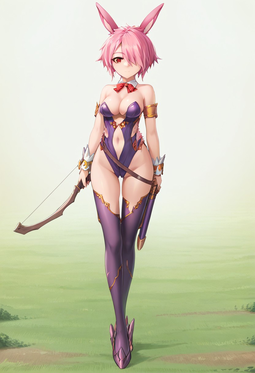 score_9, score_8_up, score_7_up,masterpiece, best quality, absurdres, extremely detailed,2d,source anime,1girl,pink hair,red eyes,purple suit,thighhighs,cleavage,short hair,hair over one eye, rabbit girl,rabbit ears,shoes