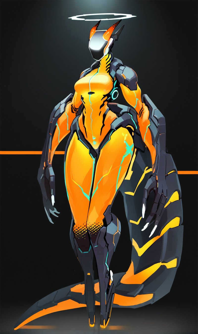 Score_9, score_8_up, score_7_up, score_6_up,  source_anime, 1girl, solo, full body, black backdrop, robot girl,  neon trim, glowing orange bodysuit, halftones, medium breasts, halo, glowing visor,  <lora:HORiZON_DOLLS_by_EchanisEnicha-000010:1>, BREAK,  dragon woman, wings, horns, dragon head, sharp teeth, muscular, huge tail, claws, huge arms