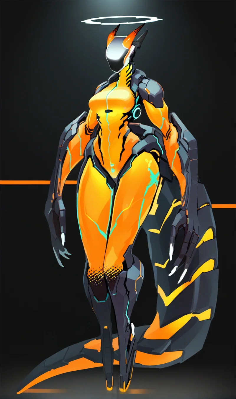 Score_9, score_8_up, score_7_up, score_6_up, source_anime, 1girl, solo, full body, black backdrop, robot girl, neon trim, glowing orange bodysuit, halftones, medium breasts, halo, glowing visor, <lora:HORiZON_DOLLS_by_EchanisEnicha-000010:1>, BREAK, dragon woman, wings, horns, dragon head, sharp teeth, muscular, huge tail, claws, huge arms