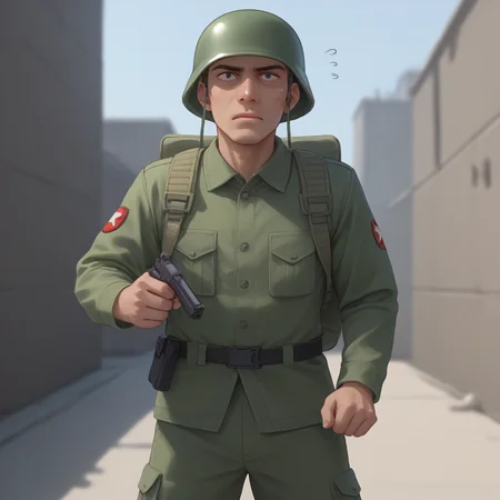 score_9, score_8_up, score_7_up, best quality, masterpiece, source_anime, zPDXL, zPDXL_xxx, BREAK
in city of ruin
1boy,  <lora:rebelsoldier:1>weapon, gun,  solo, military, rifle, male focus, helmet, backpack, bag, military uniform, uniform, flying sweatdrops, transparent background, holding weapon, rebelsoldier, green helmet, military uniform, <lora:add-detail-xl:1> <lora:detail_eyes:0.5>, hands clenching into fists, indicating anger or frustration