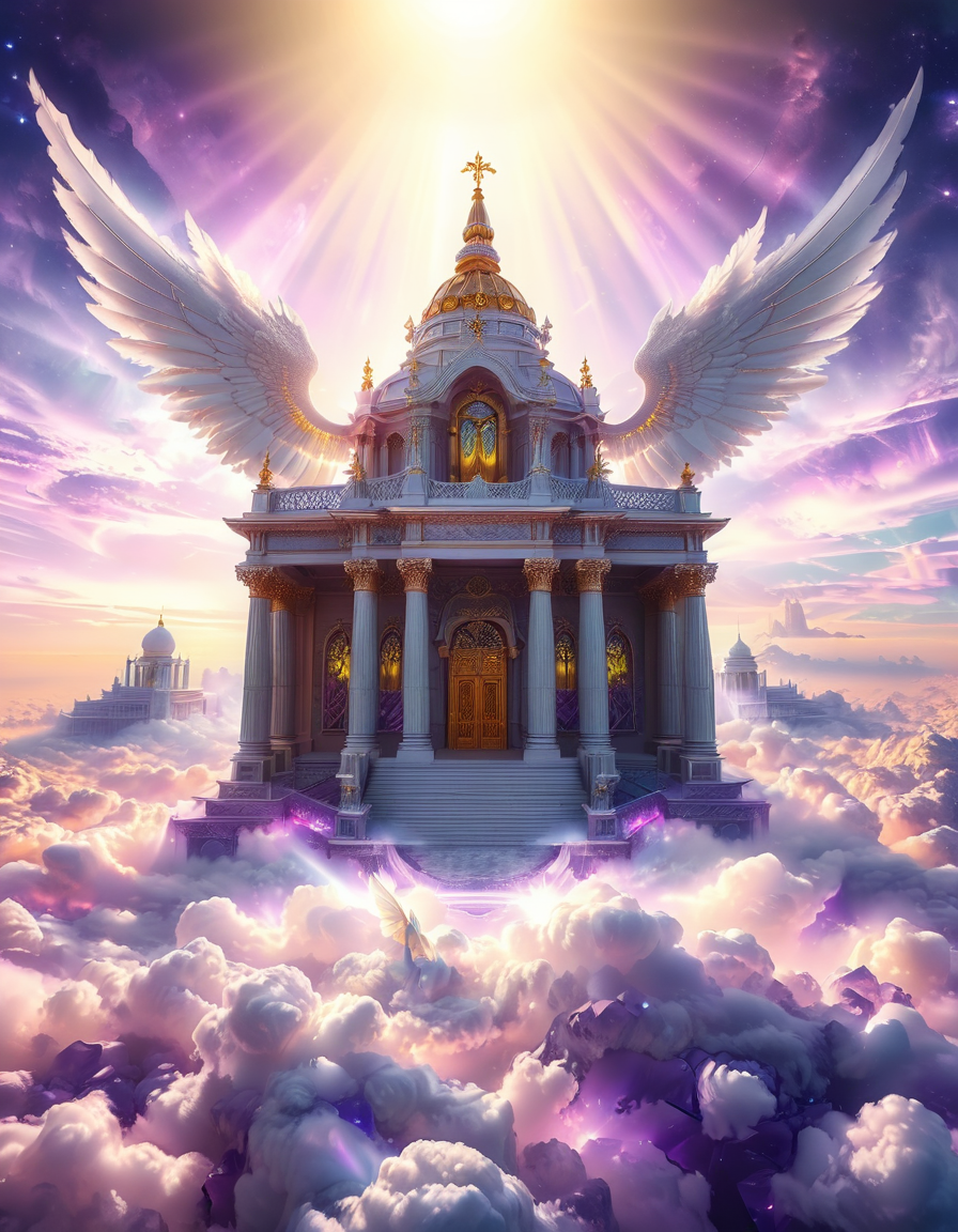 <lora:sky_t3mpl3:1>,cowboy shot,(looking at viewer:1.6),
A fierce warrior angel standing on clouds in front of a majestic celestial sky temple,sky t3mpl3.(arms behind back:1.3), She wears futuristic, sleek black armor with purple accents, blending fantasy and sci-fi elements. Her armor is adorned with glowing, purple gemstones at her chest and shoulders, radiating a soft light that matches the ethereal surroundings. Large, metallic angel wings with a high-tech design extend from her back, with white feathers and metallic frames, combining elegance with strength. She looks directly at the photographer with an intense, focused gaze, creating a powerful connection with the viewer. Behind her, the grand temple is made of gleaming, white stone and crystal pillars, floating among the clouds, illuminated by soft rays of heavenly light. The sky is filled with a soft pink and purple glow, casting a serene yet powerful atmosphere around this divine guardian.<lora:SDXLFaeTastic2400:0.4> <lora:extremely_detailed:0.4> extremely detailed,, Masterpiece,best quality,hi res,8k,hi res,8k,award winning,(sharp focus, intricate, highly detailed),