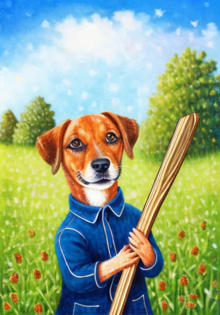 by alessandro pedrazzini <lora:alessandropedrazzini_v1.0c:1>, a dog holding a wood stick on a farm