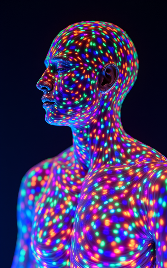 photorealistic, a man made of light, bioluminescent rainbow colored lines, style of photonegative refractography, glowing, vibrant colors, intricate patterns, surreal, high detail, high resolution, ethereal atmosphere.